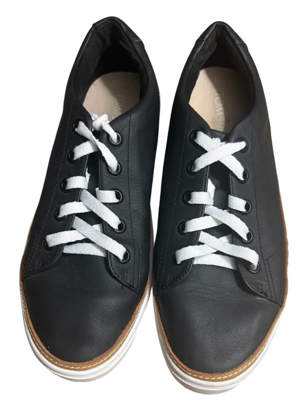 TOMS Alex Black Leather Sneakers with White Laces and White Sole Size 8.5 - Picture 5 of 10